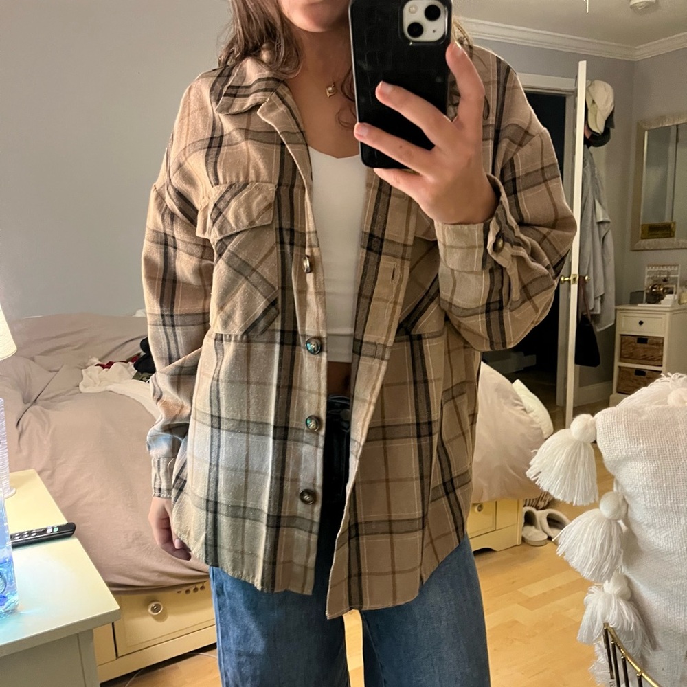Abercrombie & Fitch Plaid Utility Jacket in Tan and Black